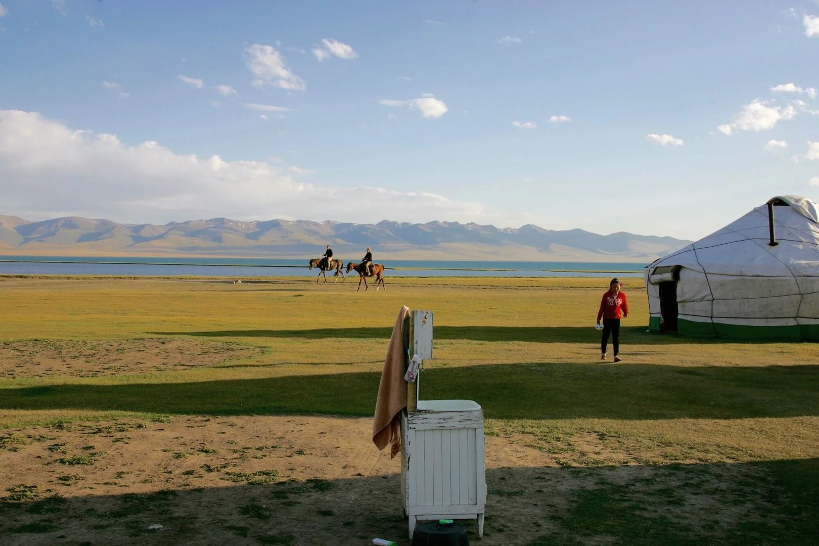 Yurts and horse riders on the summer pastures of Song-Kul